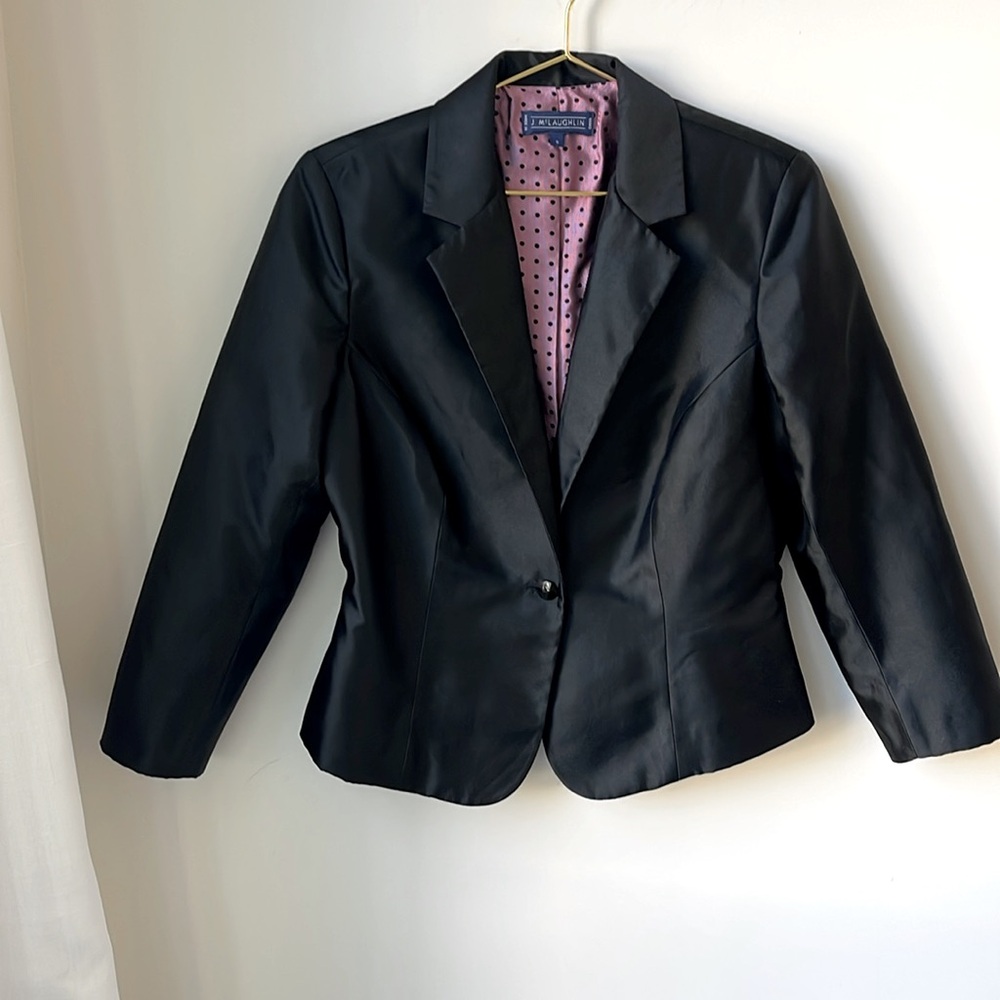 J. McLaughlin Silk Blazer in Black One Button Close Fully Lined Cocktail Size 8